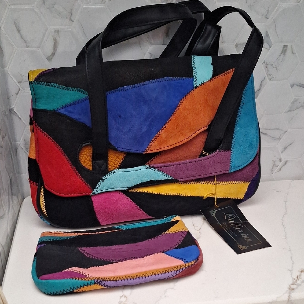 La Covina Black and Multicolor Geometric Shoulder Bag